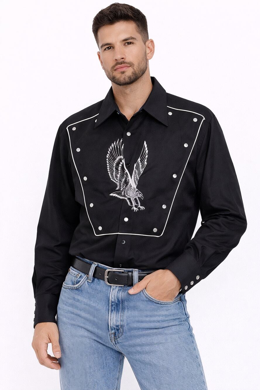 1970s H Bar C Black Eagle Embroidered Western Shirt medium